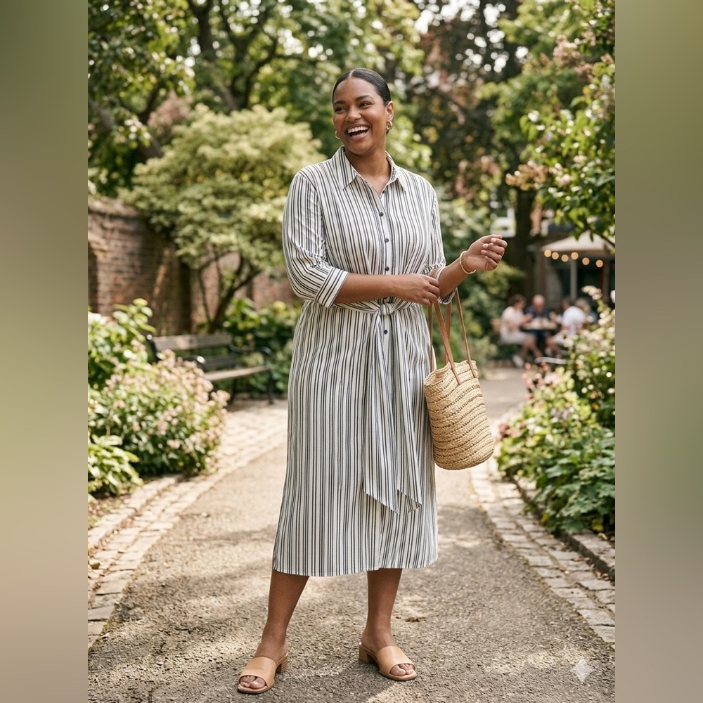 Zara White and Black Striped Button-Front Shirt Dress